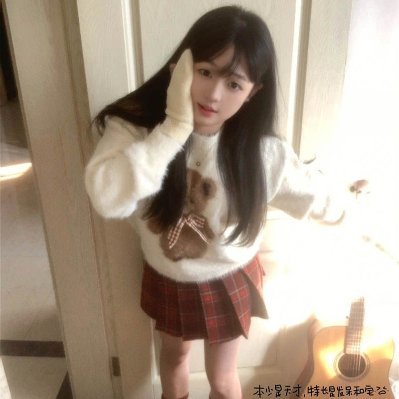 日系甜美可愛蝴蝶結小熊刺繡毛衣女學生秋冬季寬鬆百搭加厚針織衫
