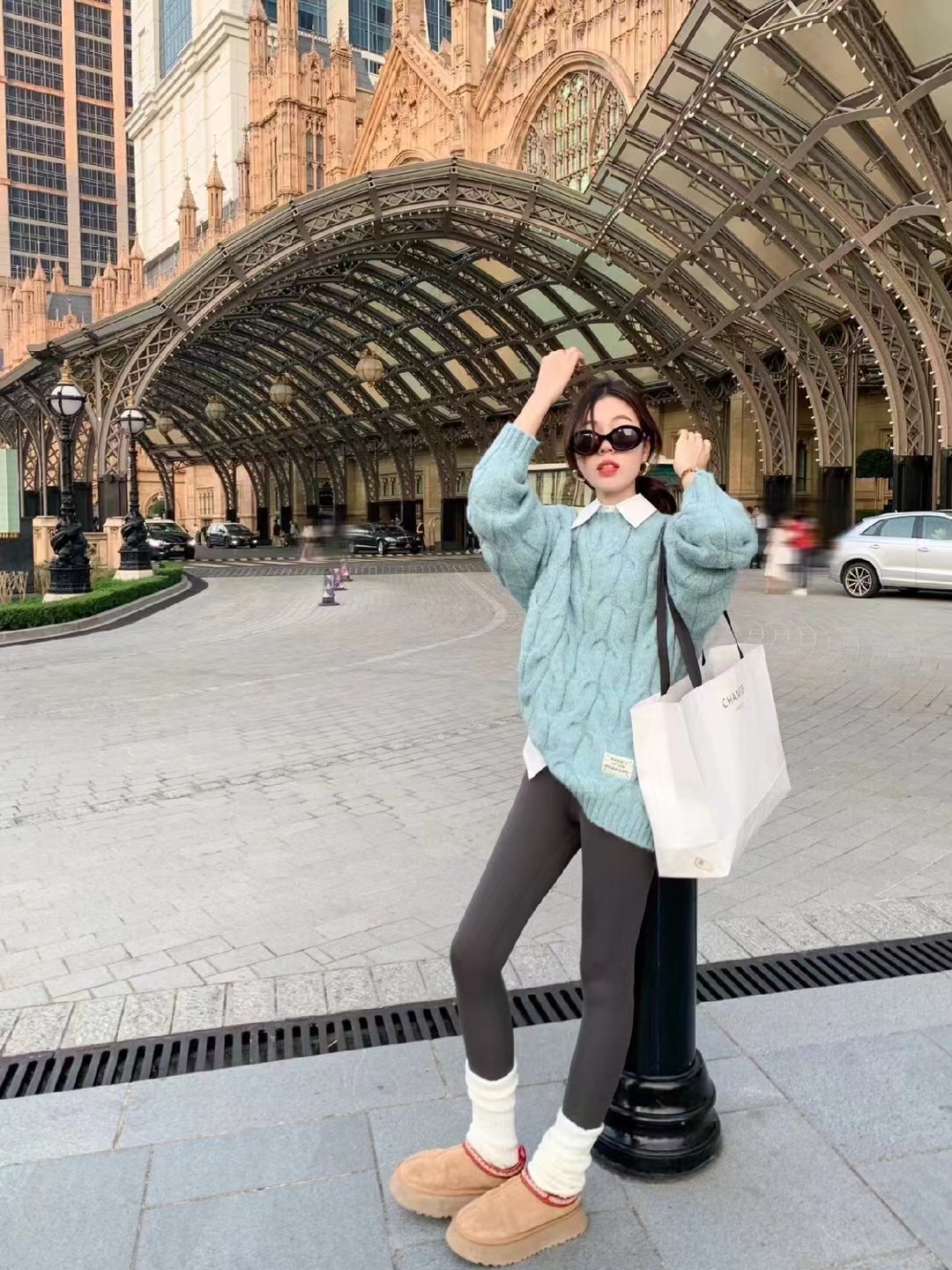 韓劇溫柔風軟奶藍麻花毛衣女秋冬套頭寬鬆外穿慵懶百搭加厚三件套
