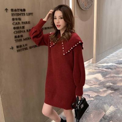 Red large lapel knitted dress for women autumn and winter new Korean style loose and versatile mid-length sweater dress trendy