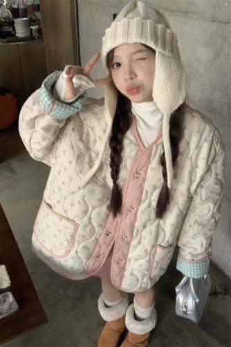 Actual shot ~ Retro small fresh floral reversible spliced ​​cotton coat winter Korean style plaid cotton coat