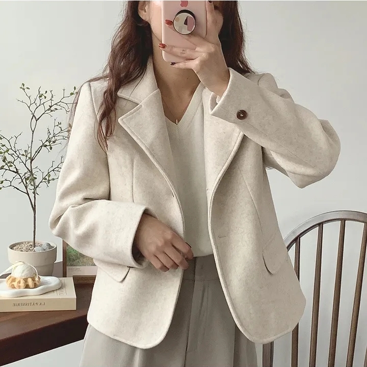 chic Korean style autumn and winter fashion retro suit collar woolen short versatile casual suit jacket