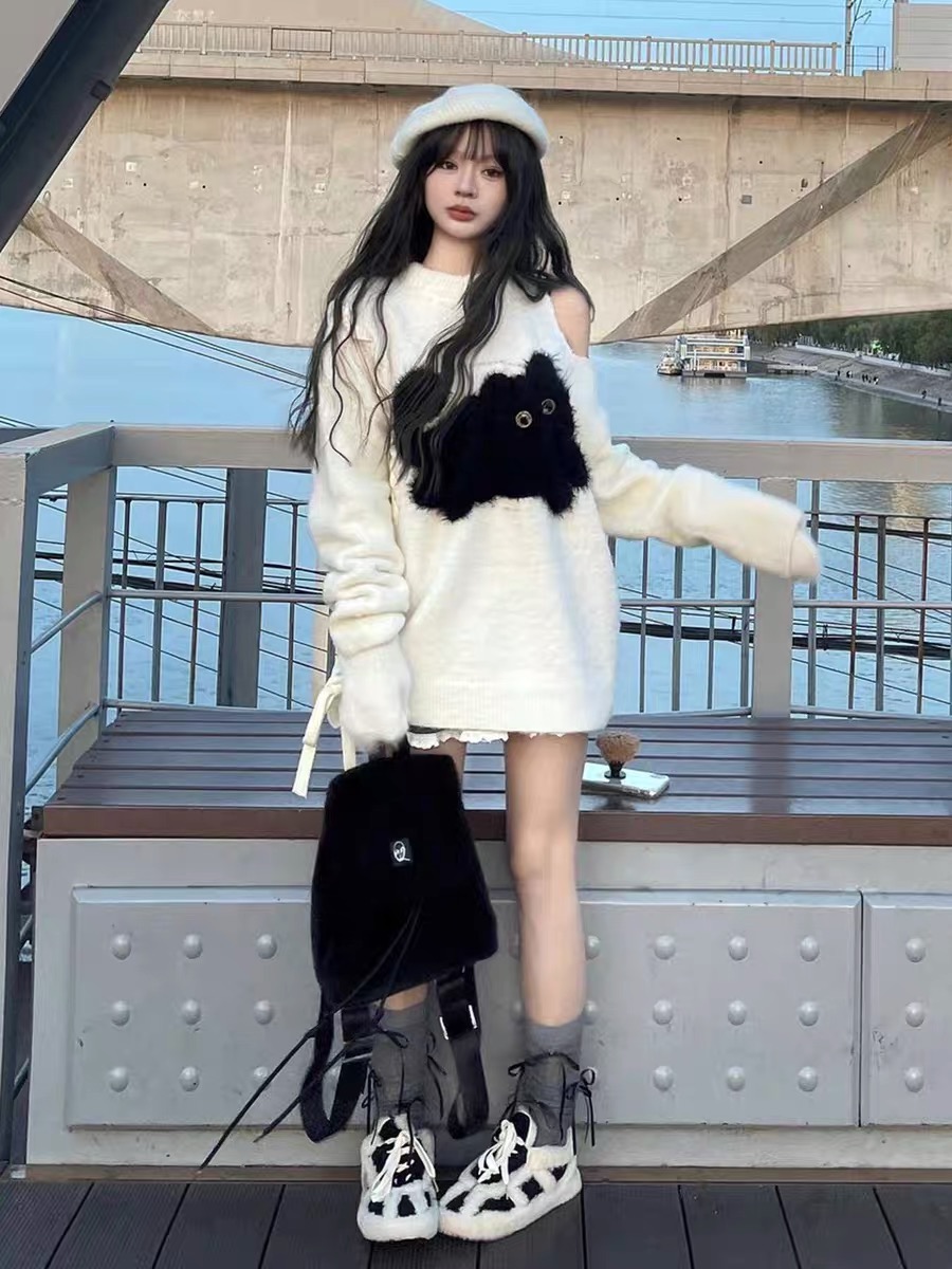 奶fufu露肩小貓毛衣女2023秋冬小眾設計感寬鬆慵懶風針織衫上衣潮