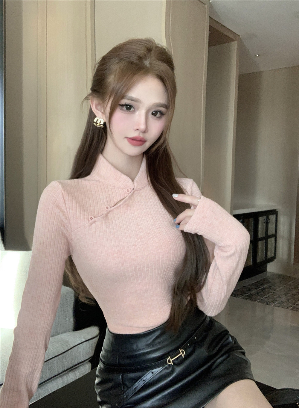 Actual shot - New Chinese style cheongsam collar bottoming shirt, solid color, unique design, long-sleeved slim T-shirt