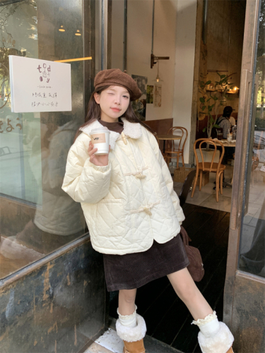 Actual shot~ Japanese style gentle Korean style rhombus cotton coat horn button plus velvet lambswool coat for women thickened in winter