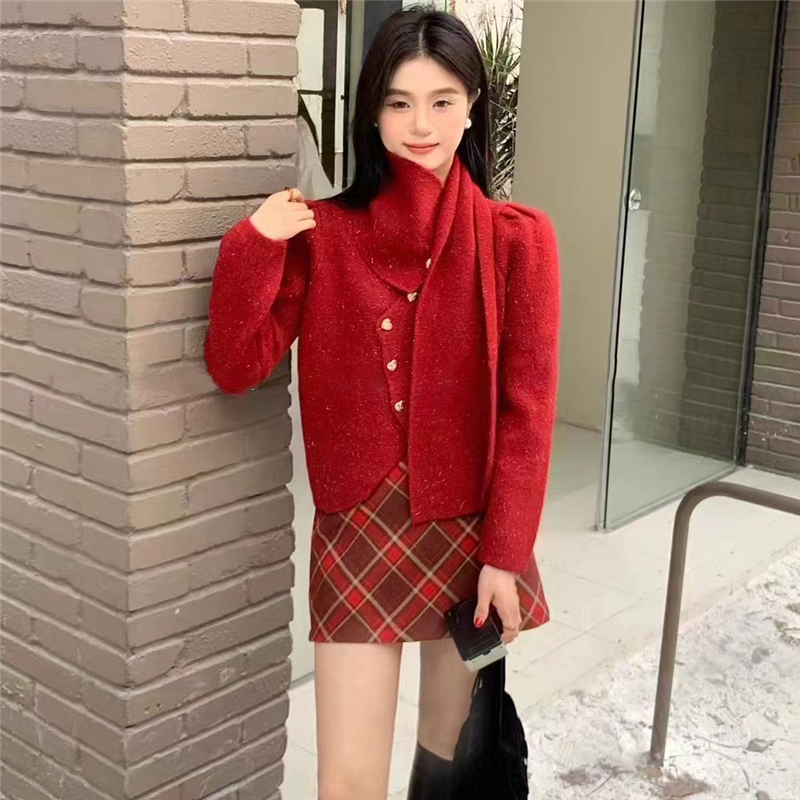 韓系軟糯加厚慵懶風毛衣套裝紅色聖誕新年圍脖兩件套加半身裙套裝