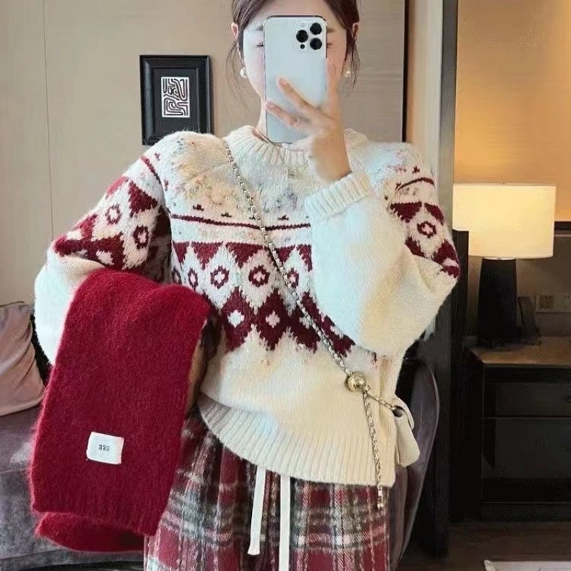 復古時尚撞色套頭毛衣女2023冬季新款慵懶風穿搭加厚針織衫上衣潮