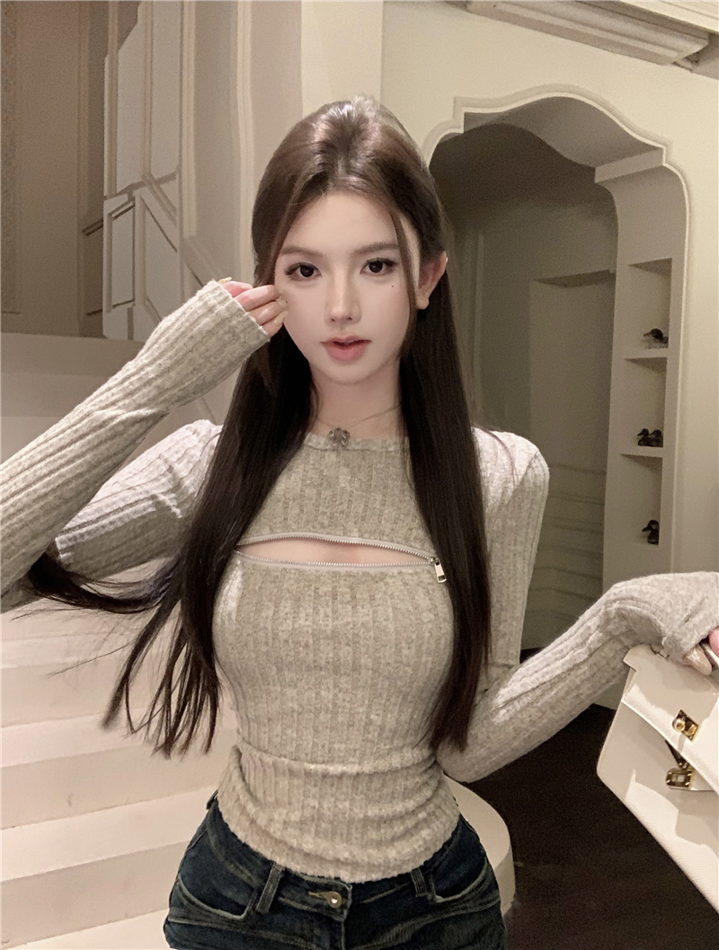 實拍~少女性感柔軟可拉拉鏈圓領針織長袖打底衫