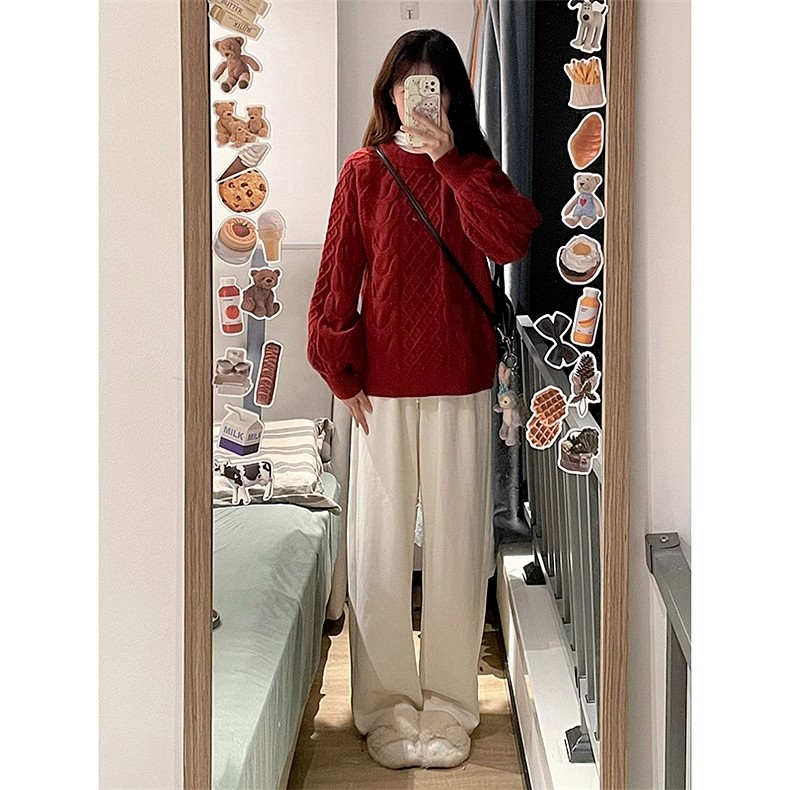 紅色麻花毛衣女小個子秋冬秋裝新款加厚針織上衣新年三件套