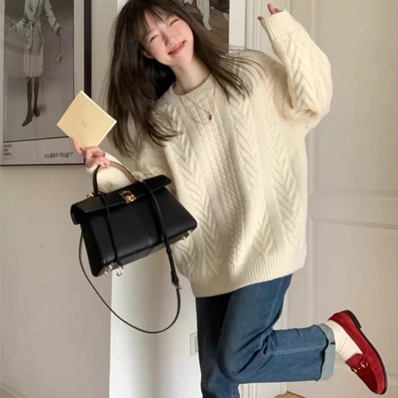 復古慵懶風麻花毛衣女2023秋冬溫柔軟糯針織衫加厚寬鬆高級感上衣
