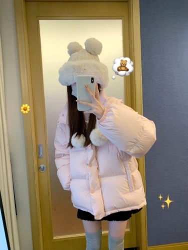 Korean style loose warm down cotton jacket for small people pink hooded bread jacket for women winter  new style