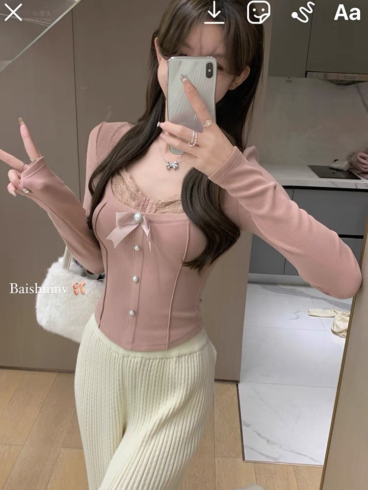 White water girl inner wear spliced ​​lace bottoming women's autumn and winter bow warm fake two-piece long-sleeved top
