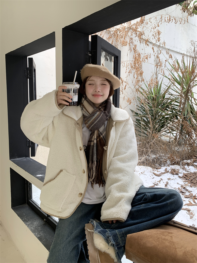 Actual shot~Japanese gentle milk puffer jacket winter double-sided lambswool plus velvet jacket Korean version for small people