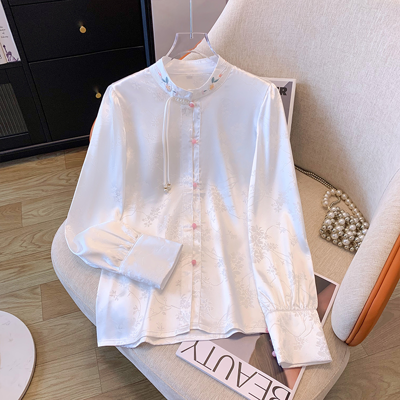 2024春款新中式長袖氣質對襟立領襯衫襯衣女款改良國風刺繡上衣