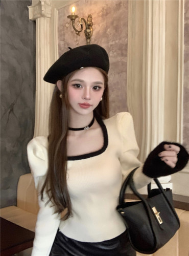 Actual shot - Korean version of furry contrasting color knitted long-sleeved bottoming women's all-match inner puff-sleeved slim sweater