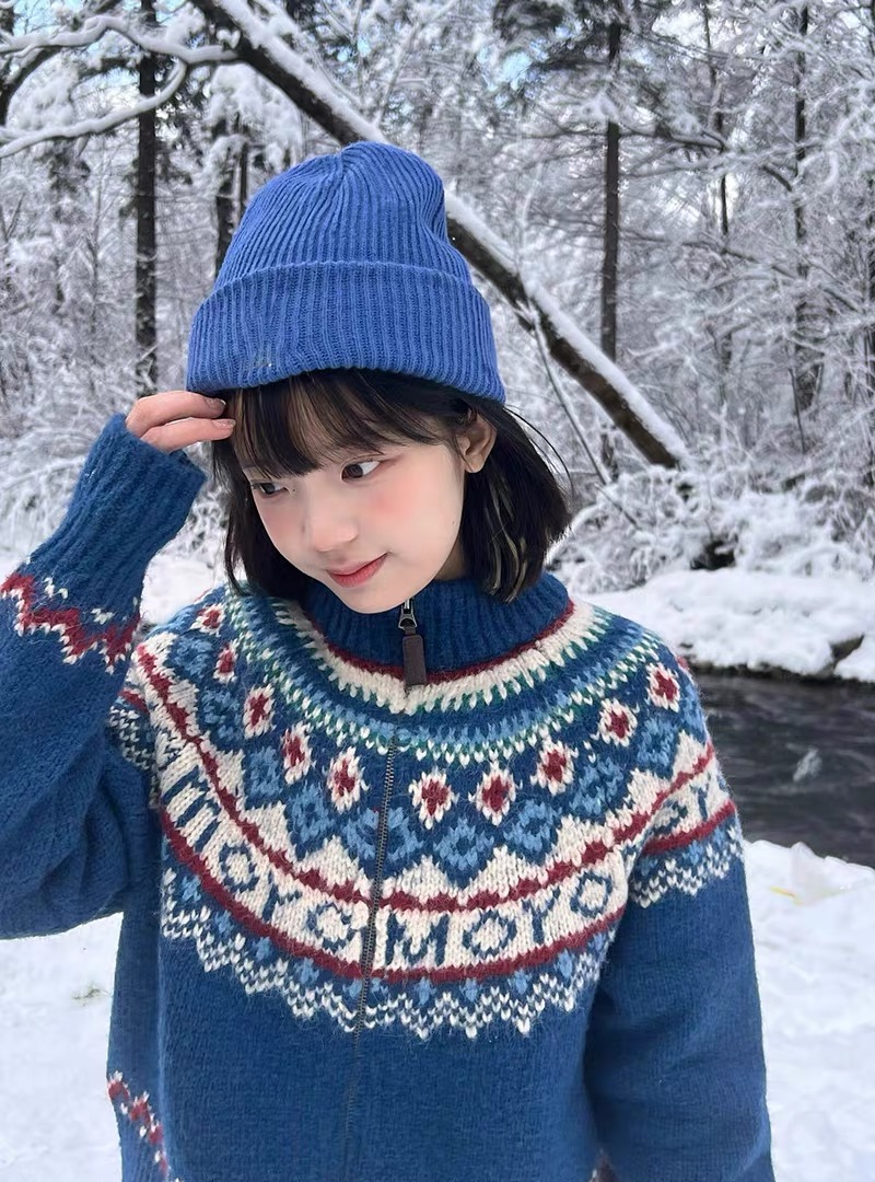 Pumpkin/Fair Isle sweater women's retro blue thickened turtleneck knitted cardigan loose lazy college jacket