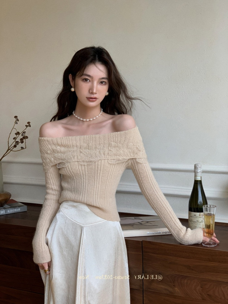 拼接花邊一字肩毛衣女秋冬法式修身短款針織衫別致上衣