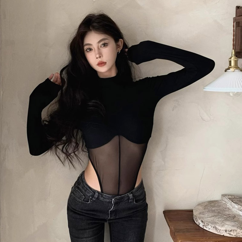 設計感連體衣春秋性感辣妹網紗打底純欲上衣t恤女內搭潮