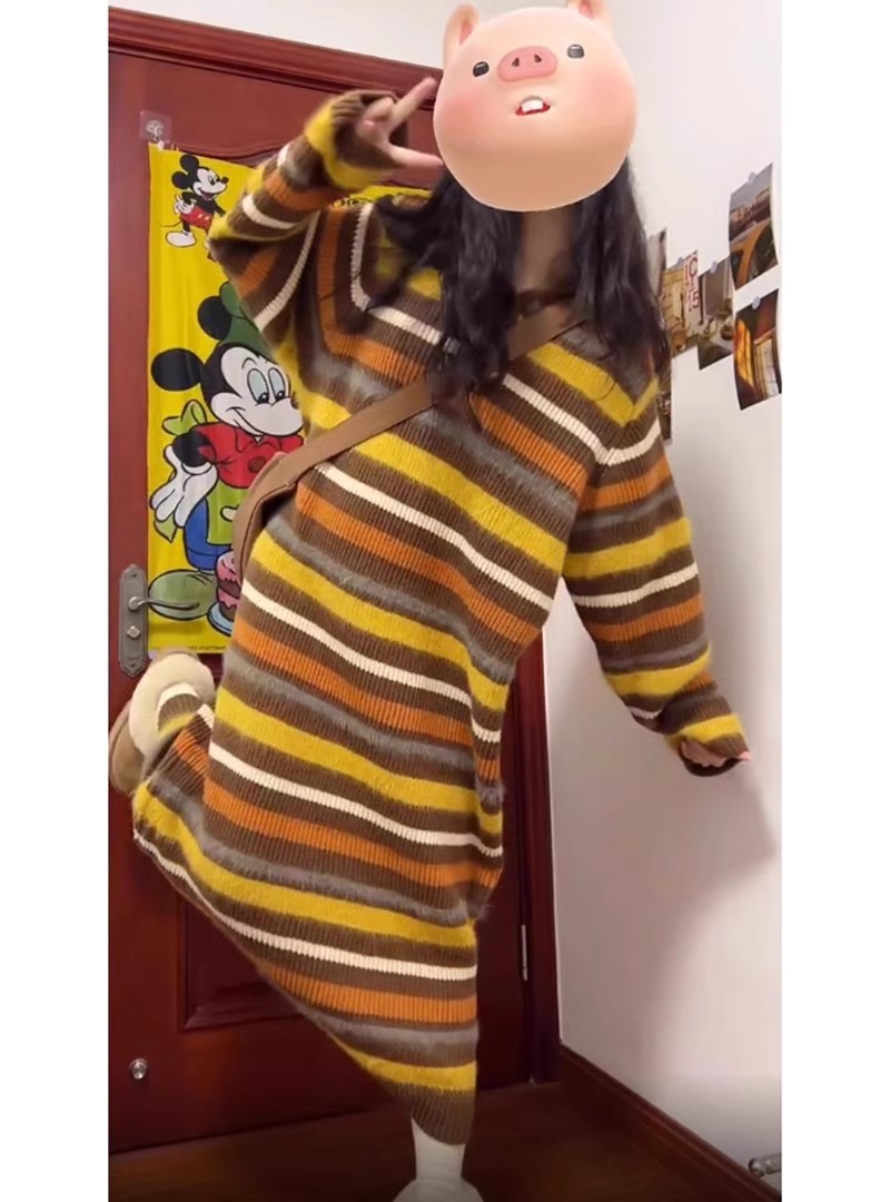撞色條紋衛衣連帽連衣裙女秋冬韓系直筒寬鬆長款毛衣裙針織衫上衣