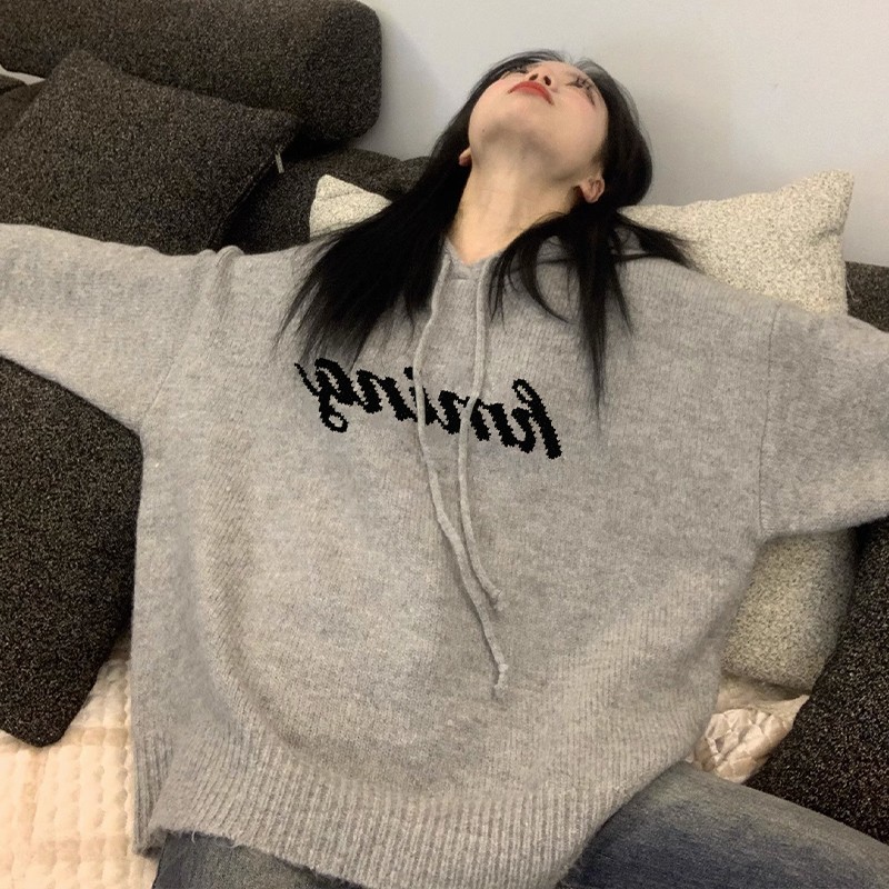 灰色連帽毛衣外套女秋冬季2023新款寬鬆復古慵懶風針織衫外搭上衣