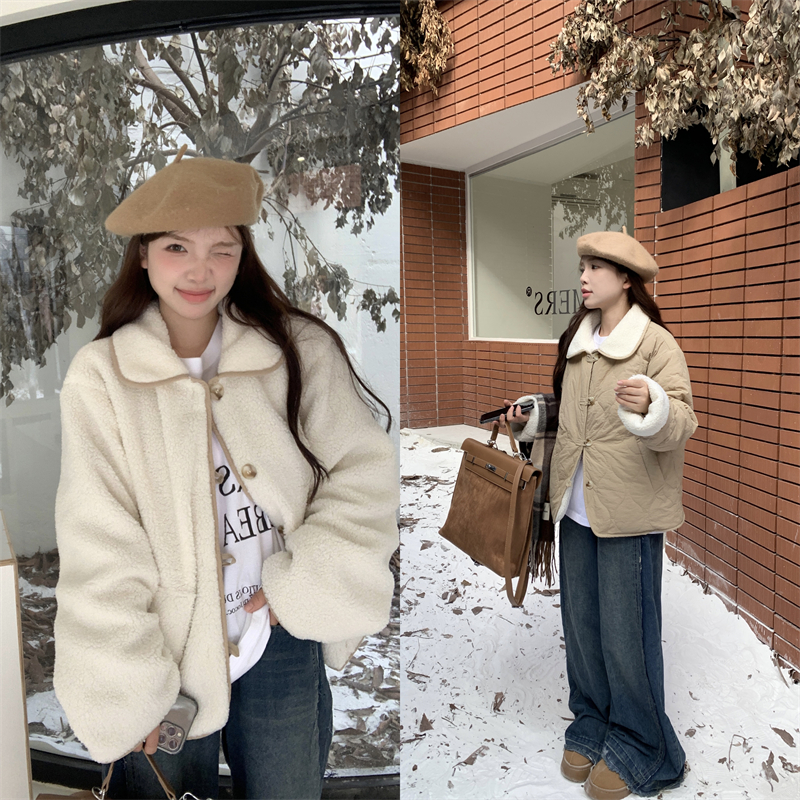 Actual shot~Japanese gentle milk puffer jacket winter double-sided lambswool plus velvet jacket Korean version for small people
