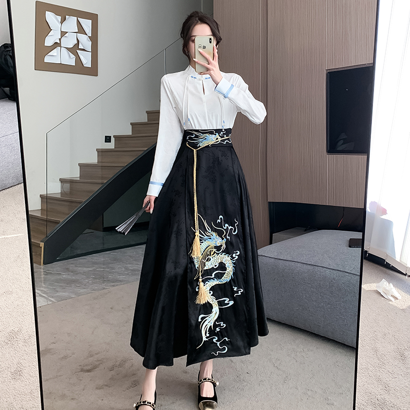 實拍新中式國風簡約刺繡上衣改良鬆緊腰高端名媛淑女龍年馬面裙