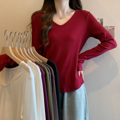 2024 new fat mm fashionable and versatile slim and stylish V-neck suit long-sleeved T-shirt bottoming shirt top