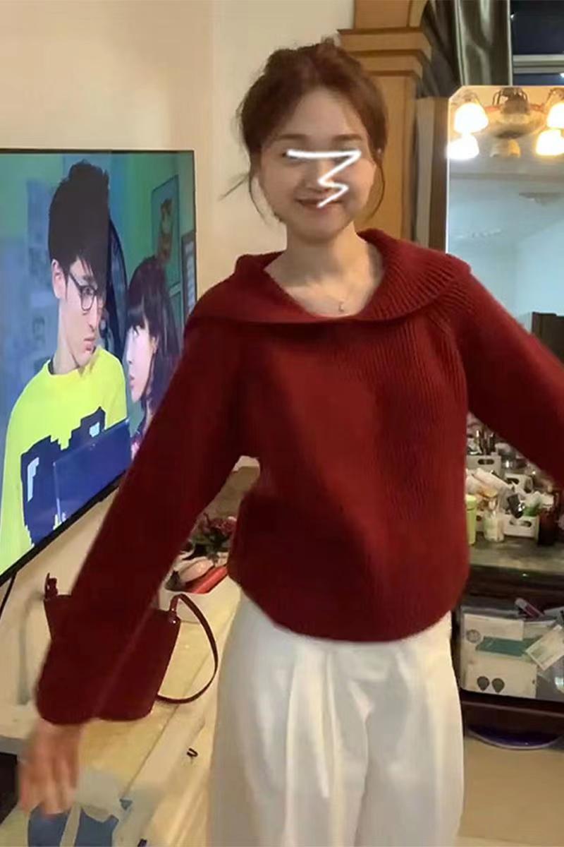 2023新款慵懶風紅色聖誕毛衣女秋冬季寬鬆短款針織衫內搭上衣