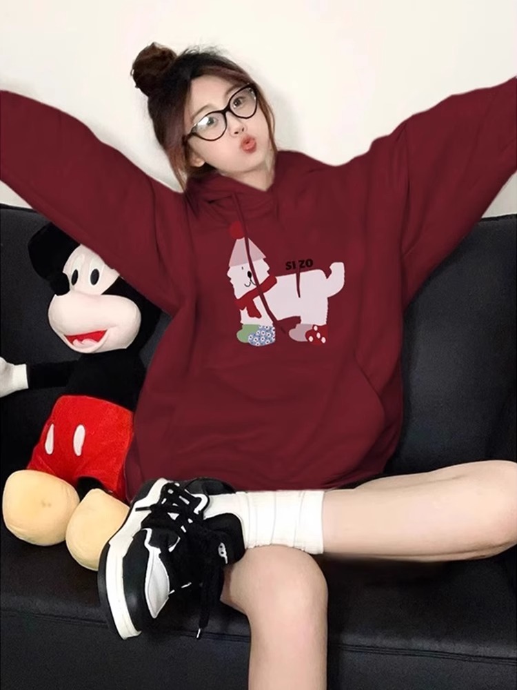 CVC棉麵食毛華棉複合/牛奶絲300克銀狐絨400克前 印花連帽衛衣女