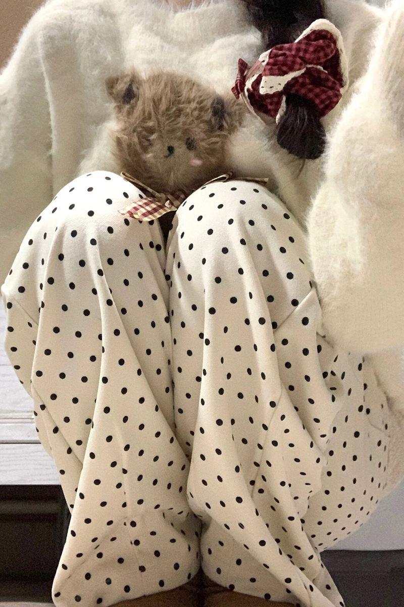 純棉華棉波點設計感寬鬆闊腿褲女秋冬加絨加厚高腰休閒褲