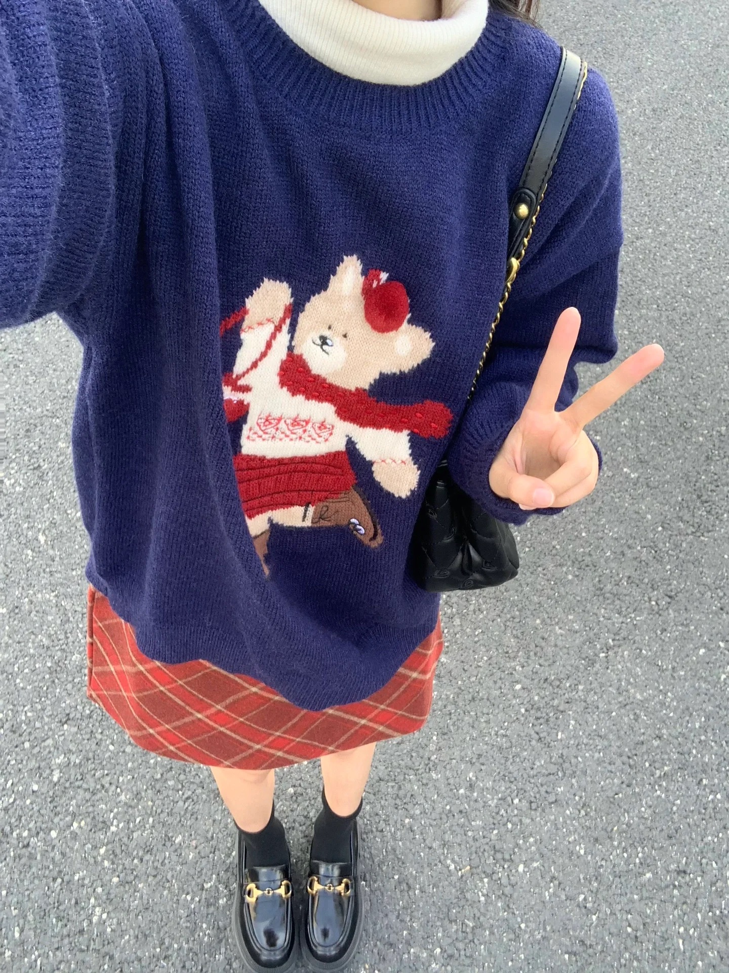 學院風可愛減齡秋冬新款聖誕卡通小熊針織毛衣格紋半身裙兩件套裝