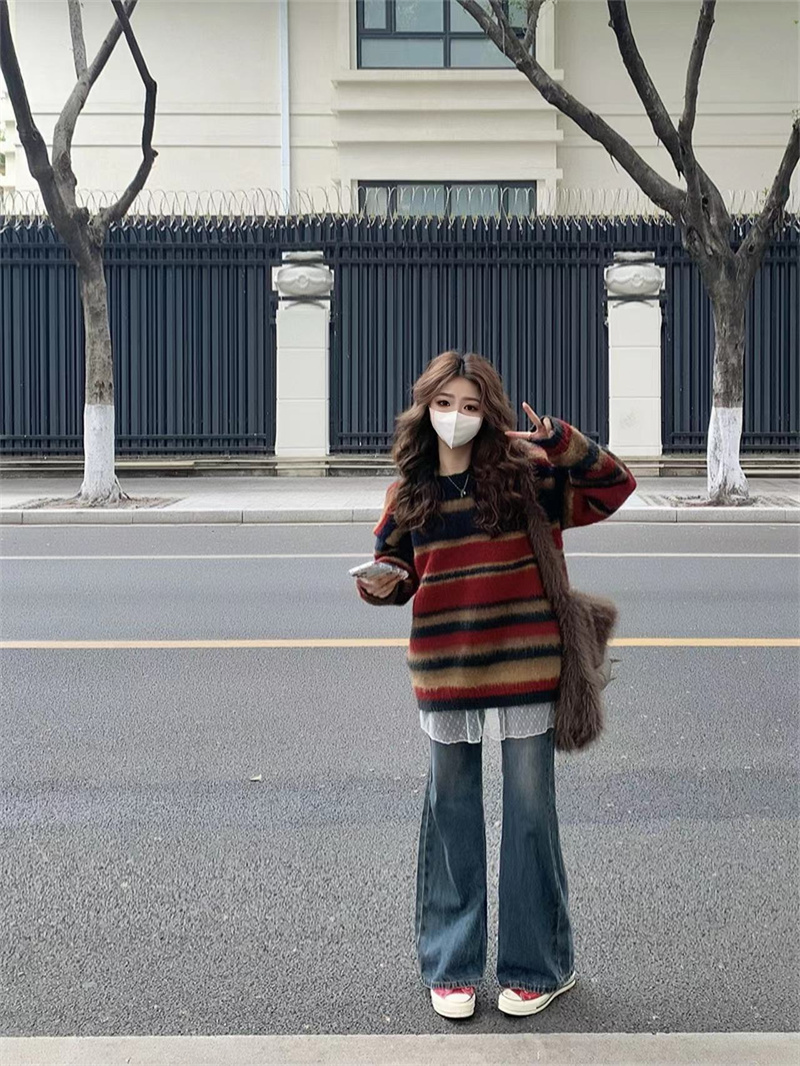 實拍#條紋毛衣女2023新款秋冬慵懶風復古撞色寬鬆百搭針織衫
