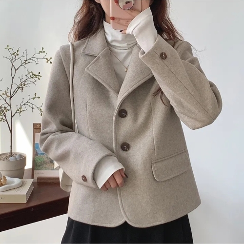 chic Korean style autumn and winter fashion retro suit collar woolen short versatile casual suit jacket