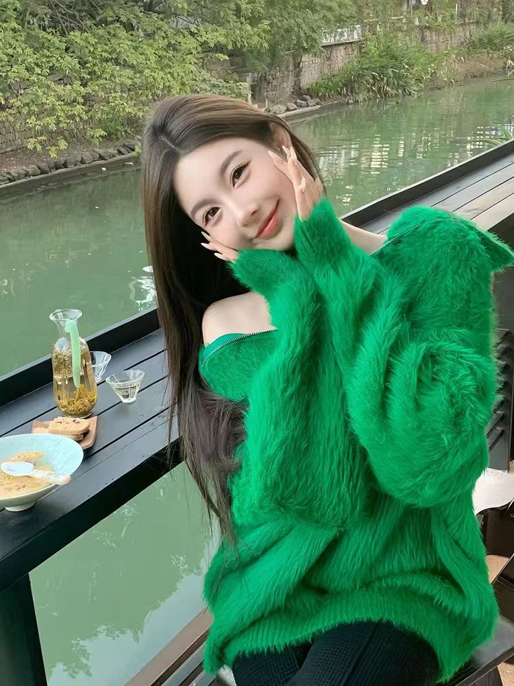 甜美少女風毛茸茸高領毛衣外套女冬季新款設計感中長款減齡上衣女