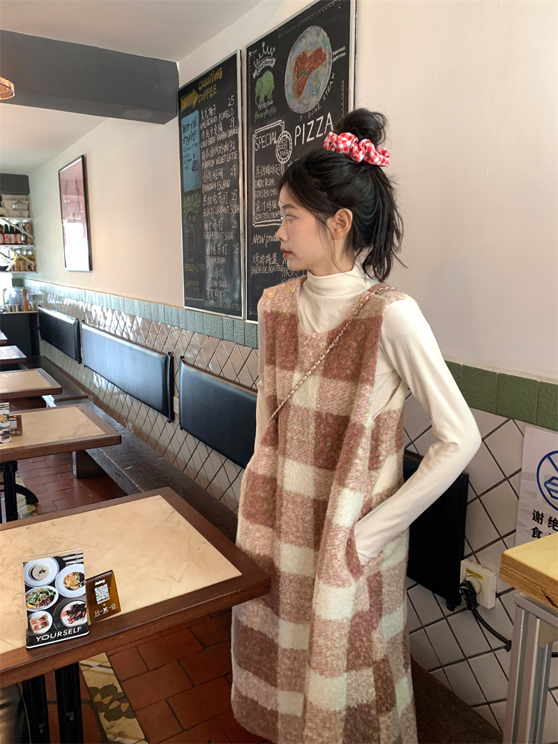 實拍~秋冬百搭顯瘦格子背心裙打底連衣裙