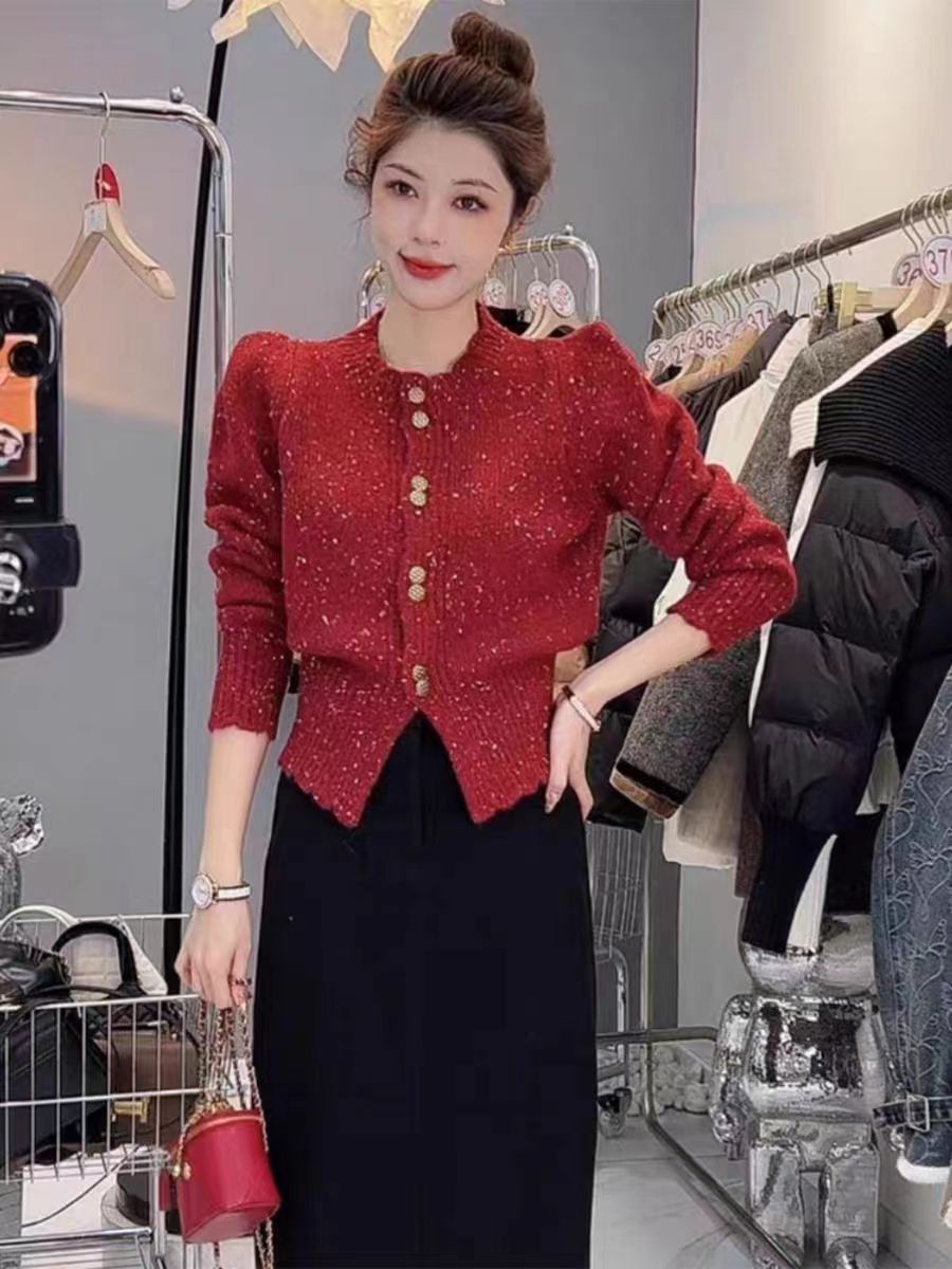 混色單排扣毛衣外穿女2023秋冬季時尚韓版新款圓領修身顯瘦上衣潮