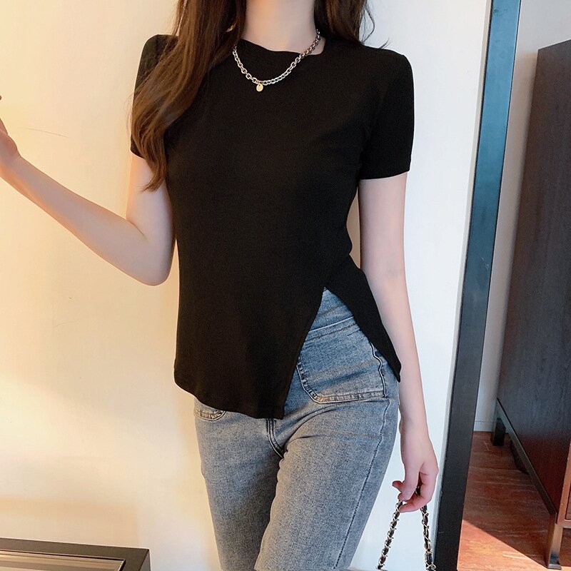 新款側開叉2024夏季短袖t恤女上衣下擺開叉T恤學生女