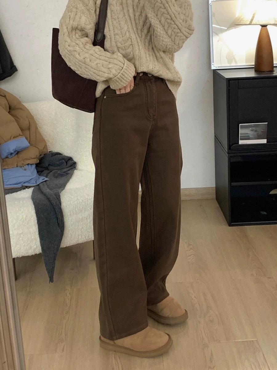 美式復古棕色加絨牛仔褲女秋冬款高腰顯瘦直筒寬鬆百搭闊腿長褲子