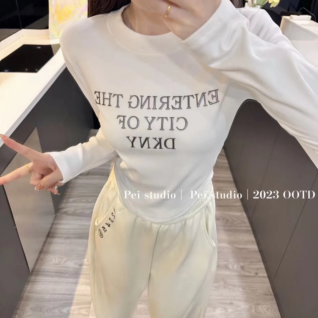 設計感字母磨毛打底衫T恤女秋冬新款洋氣減齡別致修身短上衣
