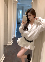 Sexy romantic V-neck slim fit ruffled lazy shirt dress for women