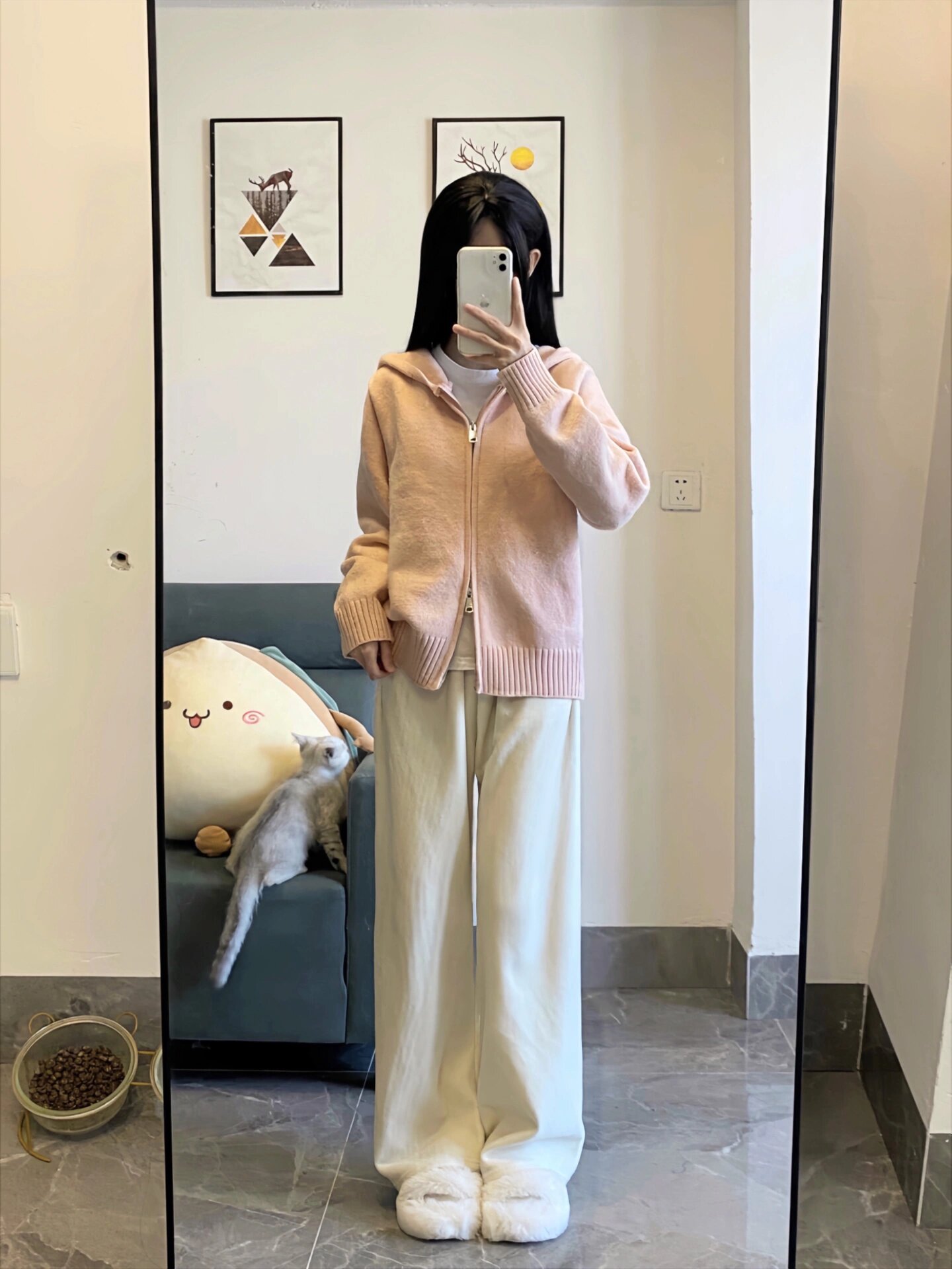 純色連帽毛衣女2023年春秋新款加厚寬鬆版拉鏈開衫闊腿褲兩件套