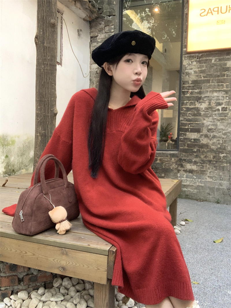 實拍~法式氣質紅色針織連衣裙女秋冬寬鬆顯瘦毛衣裙