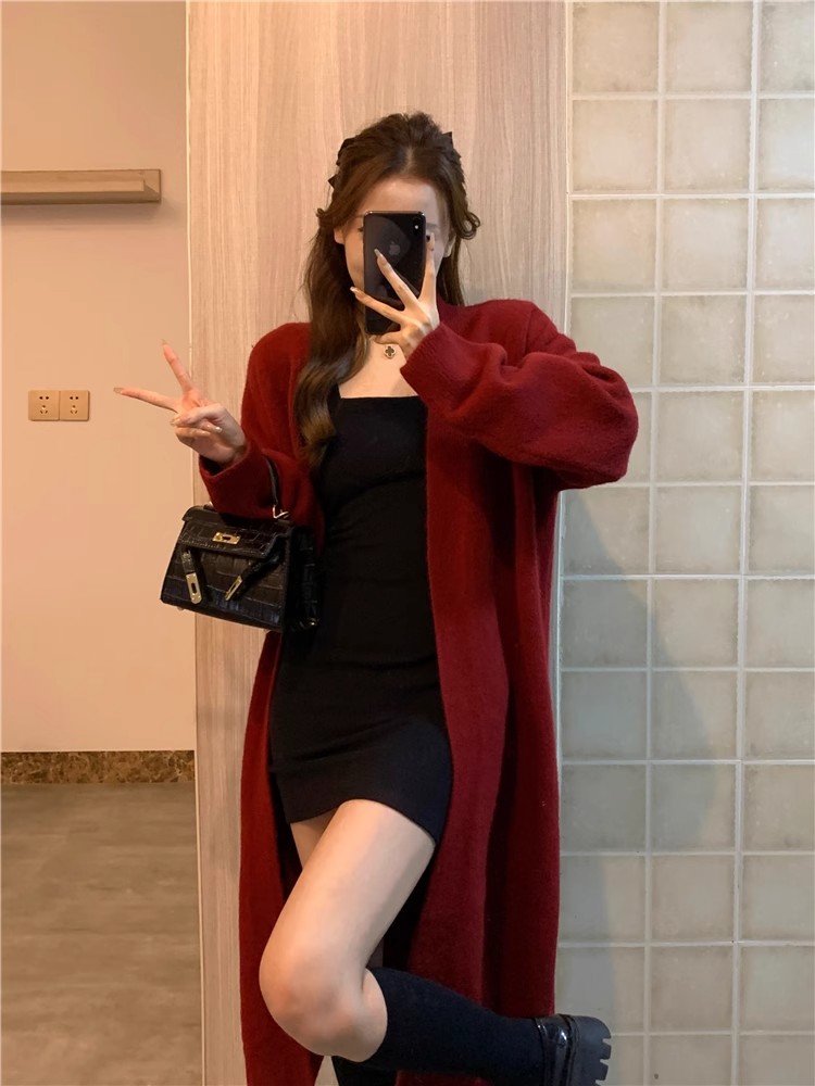 聖誕戰衣紅色毛衣開衫吊帶連衣裙兩件套裝女慵懶風秋冬新年兩件套