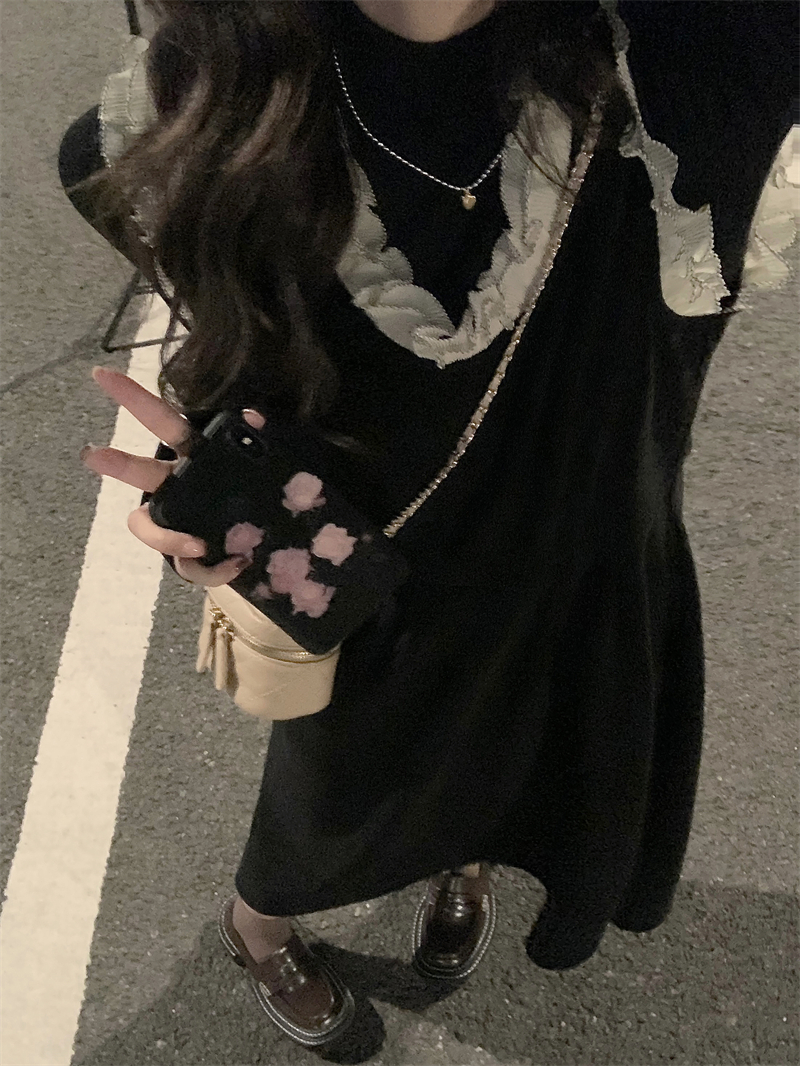 實拍#黑色燈芯絨連衣裙女秋冬新款花邊內搭小個子顯瘦背心裙