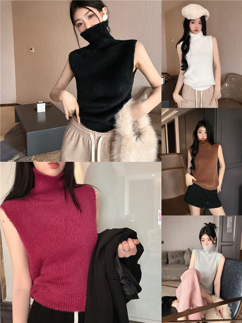 實拍冬季水貂絨毛衣背心女性感無袖高領上衣內搭針織打底衫