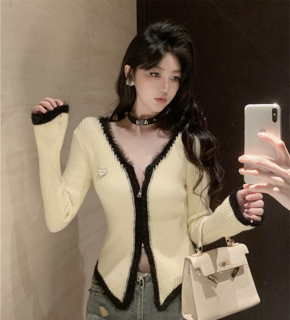實拍軟糯糯復古拉鏈毛衣女秋冬拼色加厚內搭別致打底針織上衣