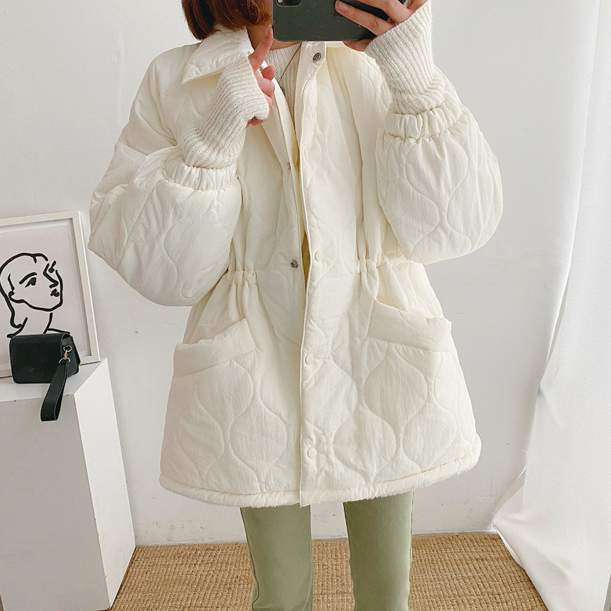 Korean autumn and winter fashion retro rhombus drawstring waist lambswool lined warm loose cotton jacket
