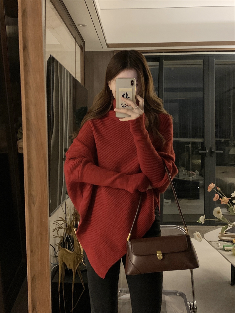 不規則高領紅色氛圍感毛衣女秋冬穿搭高級感超好看外穿軟糯針織衫