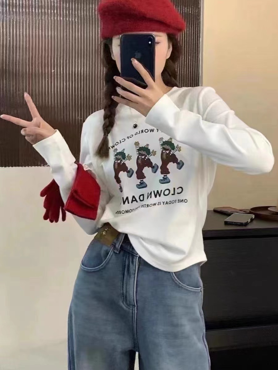 2024 spring cartoon printed long-sleeved T-shirt for women new pure cotton bottoming shirt with trendy top