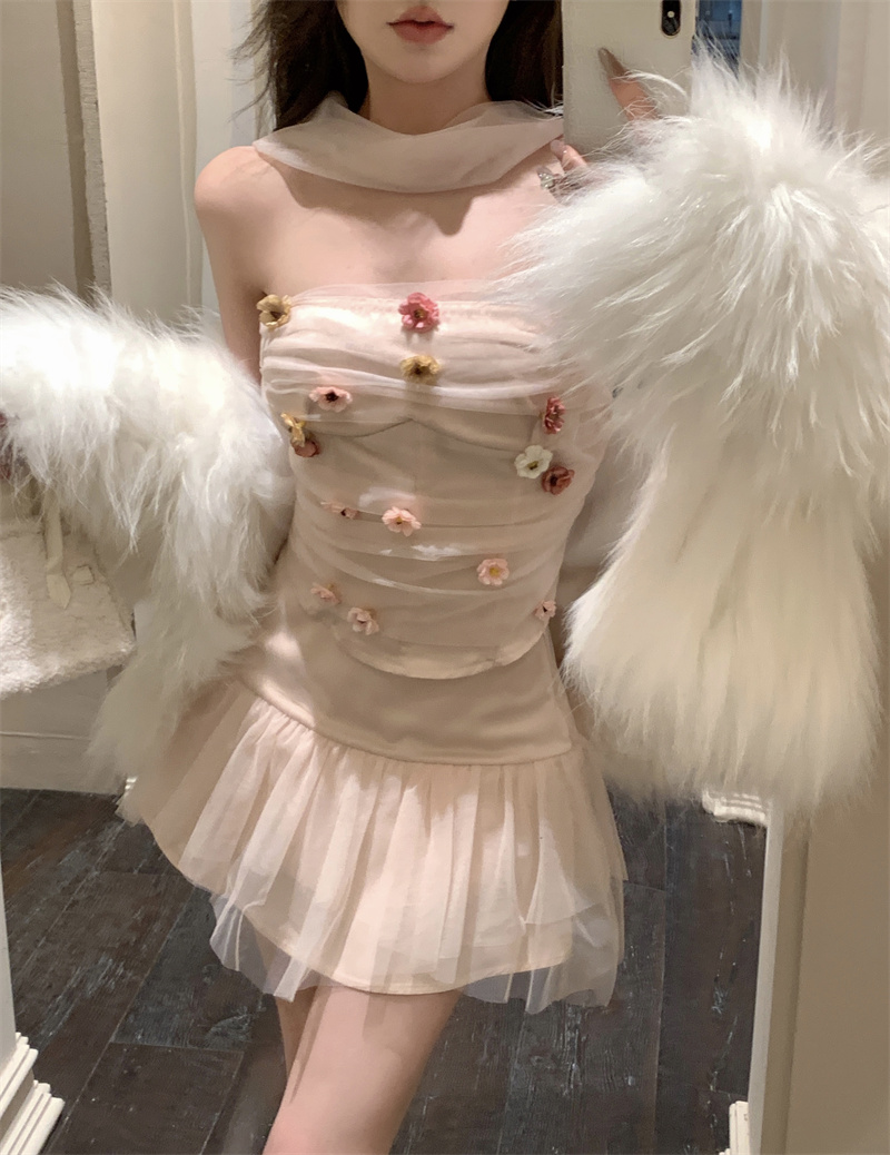 Actual shot of pink pure lust heavy industry three-dimensional flower fishbone lace tube top skirt + half skirt two-piece suit