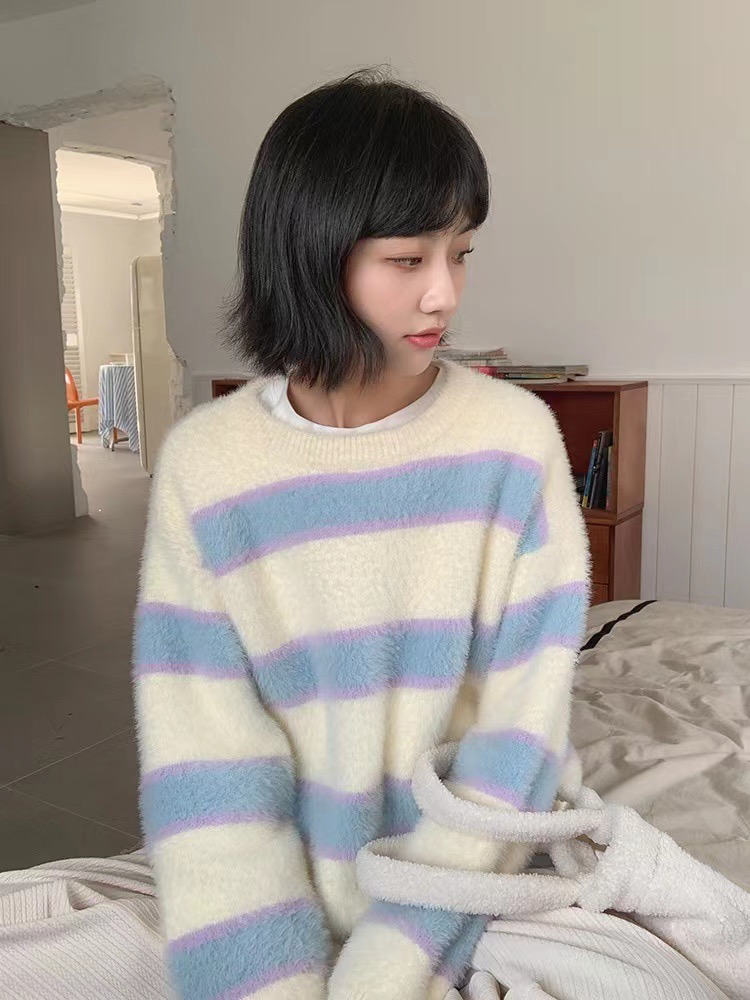 忠犬小八雪酪清新條紋寬鬆慵懶軟糯仿貂毛毛衣奶系針織衫上衣女秋